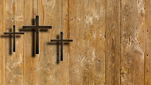 three crosses on a background of walls