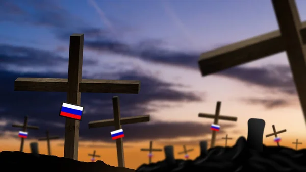 Wooden crosses with russian flags. Crosses and memorials in the cemetery. war. — Stock Photo, Image