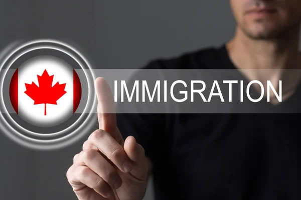 拿着加拿大国旗和"移民"这个词的人。虚拟按钮 — 图库照片