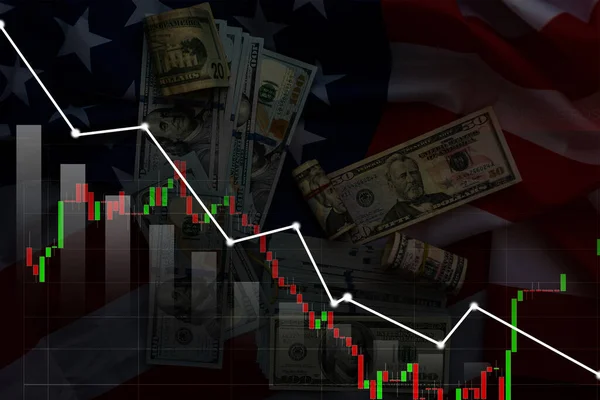 US dollar bills on background with dynamics of exchange rates. Trading and financial risk concept. — Stock Photo, Image