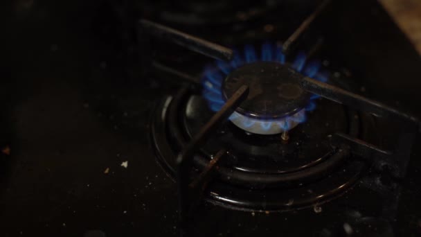 Close-up shot van blauw vuur van huishoudelijke keukenfornuis top. Gasfornuis met brandende vlammen van propaangas. Begrip industriële hulpbronnen en economie — Stockvideo