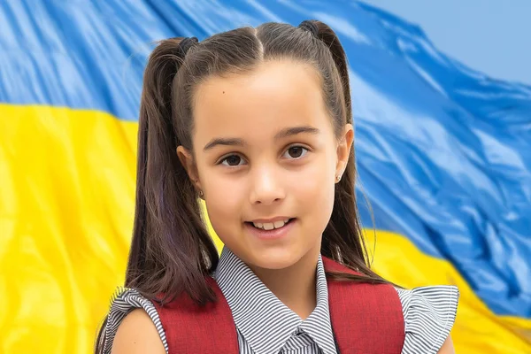 Parem a guerra na Ucrânia. menina adolescente em roupas tradicionais ucranianas com bandeira ucraniana. Conceito de paz na Ucrânia — Fotografia de Stock