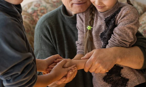 Family bonding. grandfather and child holding hands together, closeup view. Panorama — Stock Photo, Image