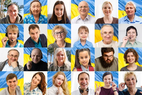 Collage av många leende glada människor barn med ukrainska flaggor. Banderoll — Stockfoto