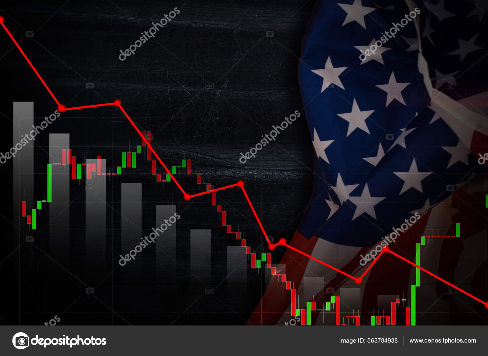 美国。美国股市。纽约证券交易所分析外汇指标贸易图表业务增长金融货币危机经济和美元贸易战与美国国旗。模糊的照片——图库图片© sinenkiy  #563784938