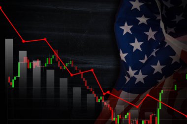 ABD. Amerika borsası. New York borsa analizi, grafik çizelgesi ticareti, ticaret büyümesi para ekonomisi ve Amerika bayrağı ile dolar ticareti savaşı. Bulanık fotoğraf