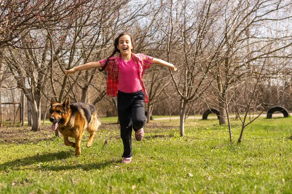 Küçük kız evcil Alman çobanıyla koşuyor.