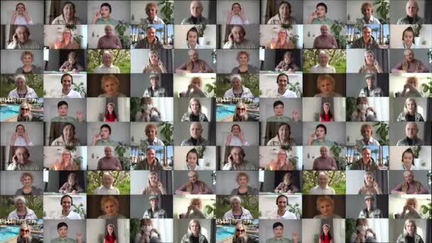 Collage video di 99 persone, una varietà di immagini sotto forma di un grande video wall della TV — Video Stock