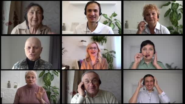 Multiethnische Menschen unterschiedlichen Alters betrachten ein horizontales Banner mit Kameracollage-Mosaik. Viele multiethnische Geschäftsleute gruppieren lächelnde Gesichter mit Kopfschuss-Porträts. Weitläufiges Panorama-Kopfdesign. — Stockvideo
