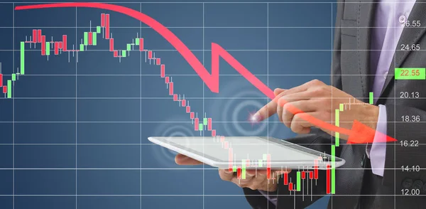 Office man finger touch hud, virtual screen with stock market changes, business candlesticks graph chart. Double exposure of lines, growing numbers, online trading — ストック写真