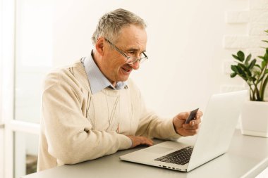 Odada dizüstü bilgisayar ını kullanarak kıdemli adam alışveriş internet
