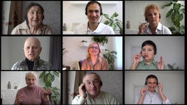 Farklı yaşlardaki çok ırklı insanlar kamera kolajı mozaik yatay pankarta bakıyor. Çok ırklı iş adamları grubunun gülen yüzlü portreleri. Geniş panoramik başlık tasarımı.