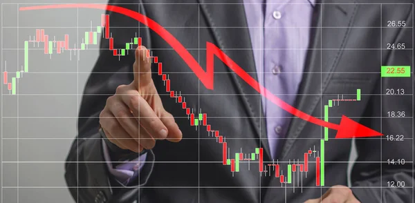 Office man finger touch hud, virtual screen with stock market changes, business candlesticks graph chart. Double exposure of lines, growing numbers, online trading — Stock Photo, Image