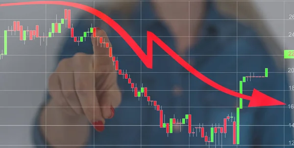 Businesswoman standing near virtual screen with stock market changes, business graph chart. Double exposure of lines, growing numbers, online trading. — 스톡 사진