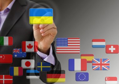 Ukrayna 'yı seçen dokunmatik ekran arayüzü. Dünyanın bayrakları