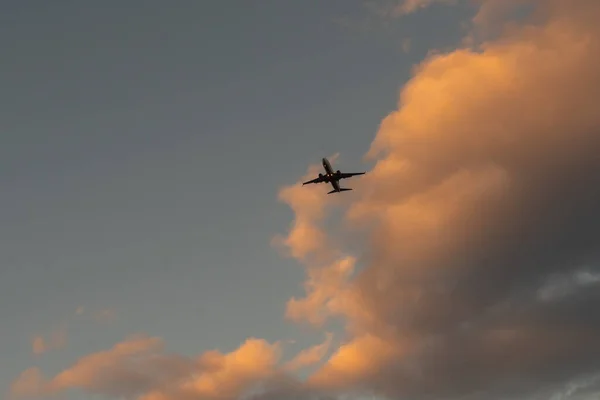 Vliegtuig in de lucht bij zonsopkomst of zonsondergang — Stockfoto