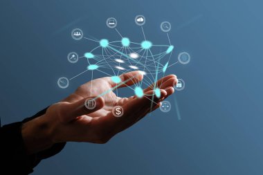 Dijital iletişim ve sanal ekran metaevren teknoloji kavramı WEB 3.0.el dokunmatik dünya interneti.