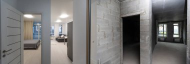 Tamamlanmamış duvarları olan bir oda ve onarımdan sonra bir oda. Yeni konutlarda yenilemeden önce ve sonra