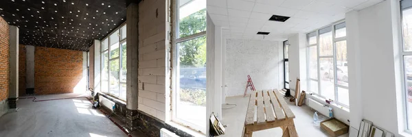 Chambre avec des murs inachevés et une chambre après réparation. Rénovation avant et après dans un logement neuf — Photo