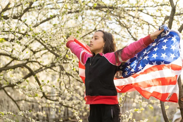 July 4th: Excited Little Girl Holding Flags — 스톡 사진