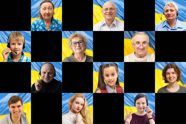 Porträts vieler alter Menschen gegen Flagge der Ukraine — Stockfoto