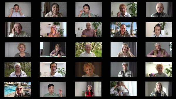 Múltiples imágenes de montaje de familias multiétnicas amigos que se comunican mediante el chat de vídeo en línea moderno — Foto de Stock