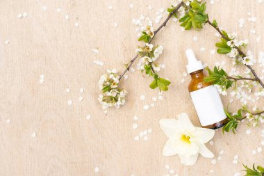 Beyaz sıkılmış şişe tüpünün üst görüntüsü. Küçük beyaz çiçekler. ilaç veya kozmetik - krem, jöle, cilt bakımı, diş macunu.