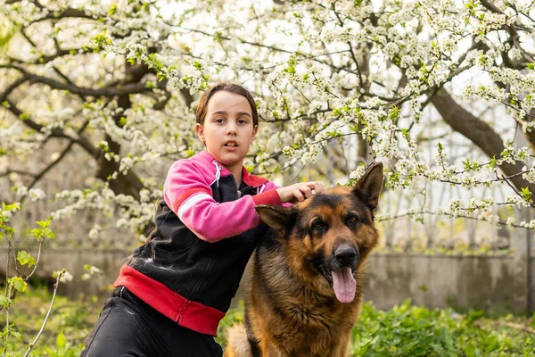 Little cute girl embracing and resting dog. — Fotografia de Stock