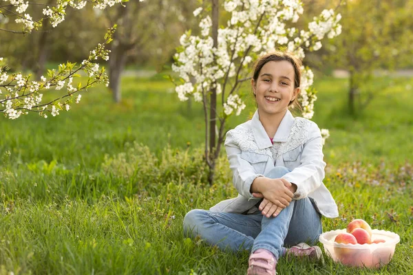 Красива дев'ятнадцять дівчат насолоджуються весняним цвітінням яблук. Маленька дівчинка дошкільного віку в садових деревах. Весняний час . — стокове фото