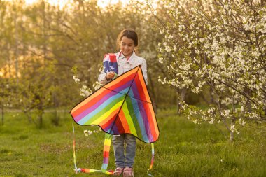 little girl with kite and usa flag
