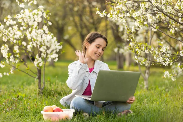 Smart little girl using her laptop in the garden. — Foto de Stock
