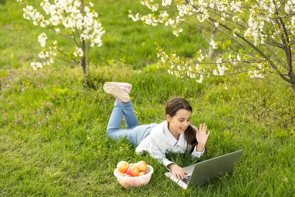 Hemundervisning. liten flicka med en bärbar dator videochatt i trädgården — Stockfoto