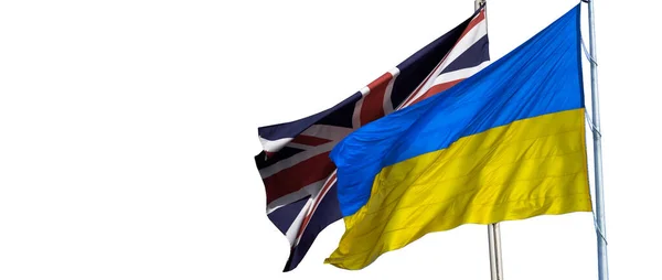 Ukraina i Zjednoczone Królestwo dwie flagi na biegunach flagowych biały — Zdjęcie stockowe