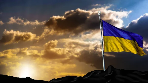 Flag of Ukraine on flagpole fluttering in the wind against a colorful sunset sky — Stok fotoğraf