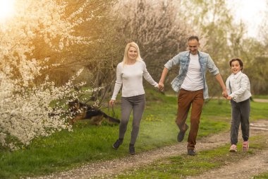 Gülümseyen baba, anne, kız. Idyllic Mutlu Ailesinin Güneş Işığı Arka Bahçede Eğleniyor