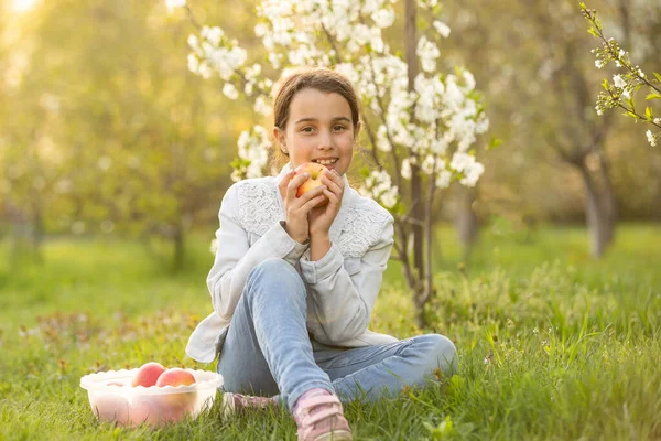 Маленька дівчинка в саду, білі квітучі дерева — стокове фото