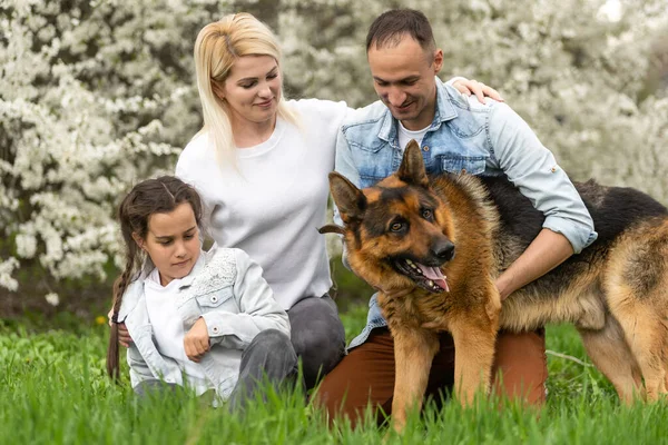 Çocuklu ve köpekli genç bir aile doğada eğleniyor.