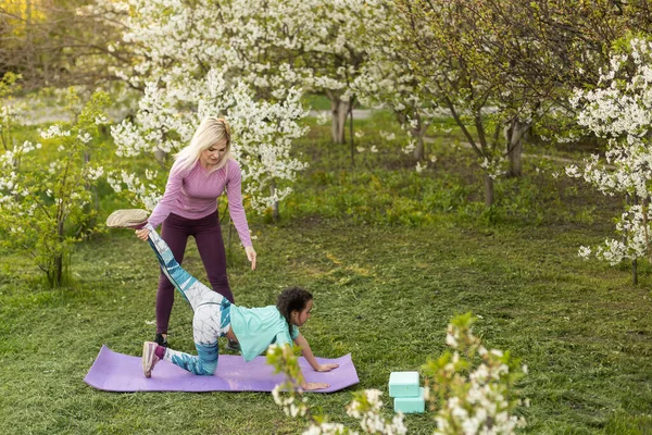 Genç bir anne ve kız, parkta spor minderinin üzerinde yoga egzersizleri yapıyorlar. sağlıklı yaşam tarzı.