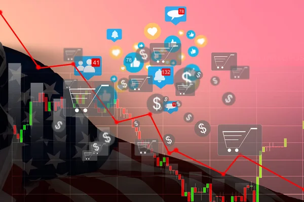 USA. Amerikas Börse. New York Börsenanalyse Devisenindikator Handelsdiagramm Wirtschaftswachstum finanzieren Geldkrise Wirtschaft und Dollar Handelskrieg mit Amerika usa Flagge. Unscharfes Foto — Stockfoto