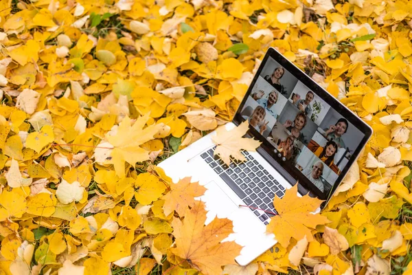 가을 풍경의 최신 노트북입니다. 비디오 콘퍼런스 — 스톡 사진
