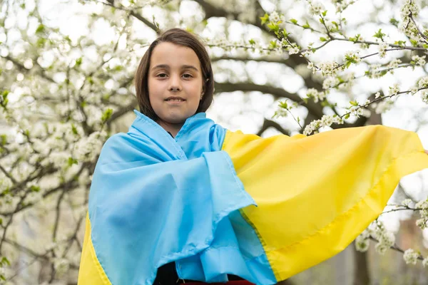 Моліться за Україну. Дитина з українським прапором. Маленька дівчинка з прапором України розмахує національним прапором, молячись про мир. Щаслива дитина святкує День незалежності. — стокове фото