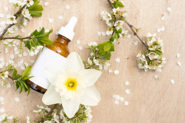 Beyaz sıkılmış şişe tüpünün üst görüntüsü. Küçük beyaz çiçekler. ilaç veya kozmetik - krem, jöle, cilt bakımı, diş macunu.