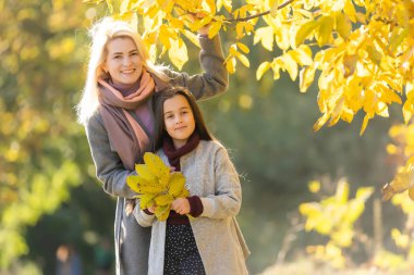 Kızı olan modaya uygun bir anne. Sonbahar parkında bir aile. Paltolu küçük kız..