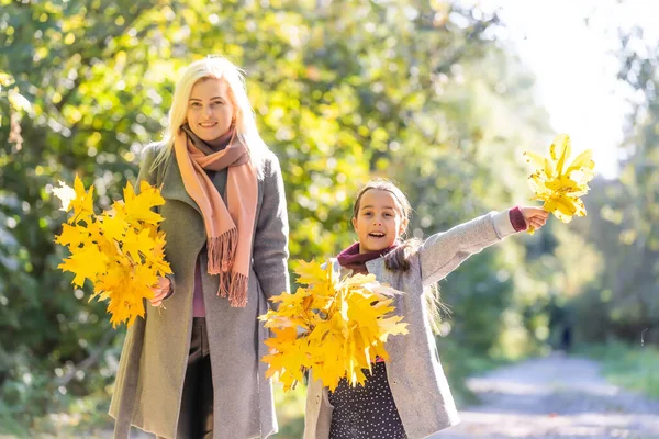 Az őszi parkban a kislány és az anyja napsütéses időjárásban gyönyörködhet — Stock Fotó
