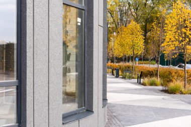 Sonbahar mevsiminde renkli sonbahar yapraklarıyla apartman kompleksi.