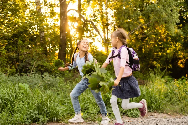 Twee schattige lachende 8 jaar oude meisjes poseren samen in een park op een zonnige herfst dag. Vriendschap concept. — Stockfoto