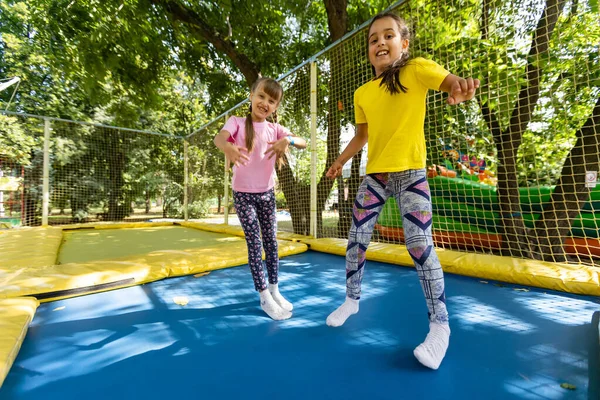 Dos chicas activas jóvenes haciendo ejercicios para ponerse en cuclillas con trampolín —  Fotos de Stock