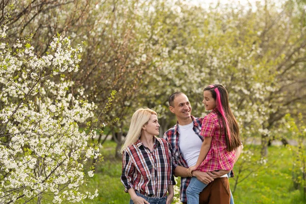 Happy parents mom and dad, daughter, young family outdoors in spring against the background of blooming apple and cherry trees — Stock Fotó