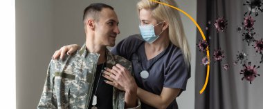 Kamuflaj üniformalı neşeli genç adam virüsten korunan bir asker, bir kubbe askeri tarafından korunuyor.