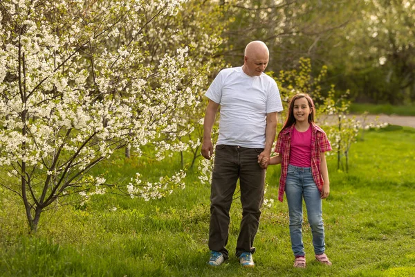 행복 한 손녀가 푸른 잔디 위에서 미소짓고 있는 할아버지를 껴안고 있다 — 스톡 사진